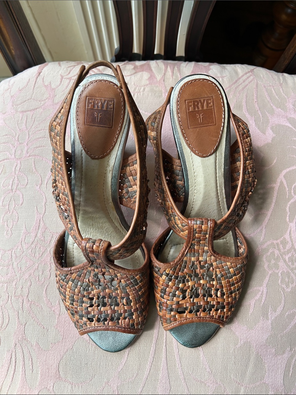 Frye Women's Brown Woven Leather Slingback Heels